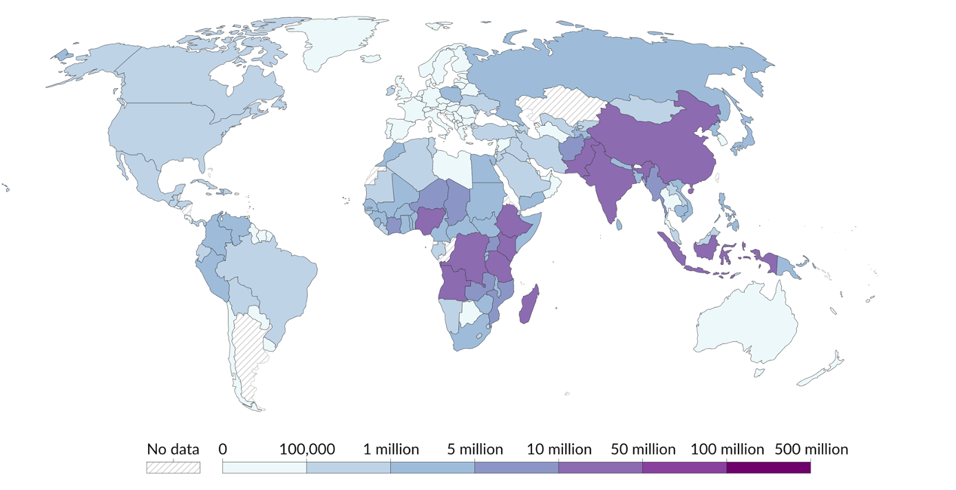 Nombre de personnes par pays n’ayant pas accès à une source d’eau potable salubre (2022) à savoir  eau courante, forage, puits, source protégée, etc. Source : Our World in Data.