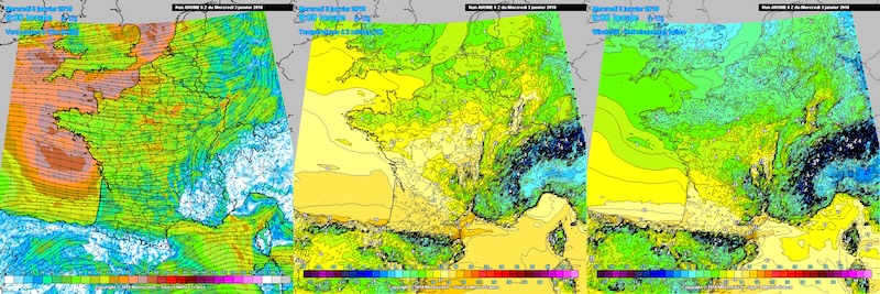 Refroidissement éolien modélisé par le modèle météorologique AROME pour le 3 janvier 2018 à 8 h (tempête Eleanor). À gauche, la carte du vent moyen au sol, au centre les températures, et à droite le refroidissement éolien inférieur de quelques degrés Celsius à la température au niveau du sol. © Météociel.
