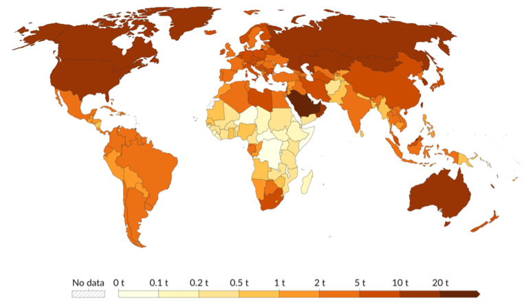 Carte des rejets moyens de CO2 (en t) par personne
pour les différents pays. Source : Our World in Data