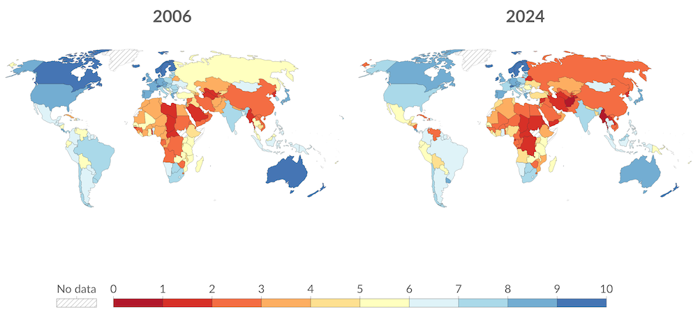 L’indice de démocratie par The Economist Intelligence Unit pour les différents pays entre 2006 et 2024.Source : Our World in Data.