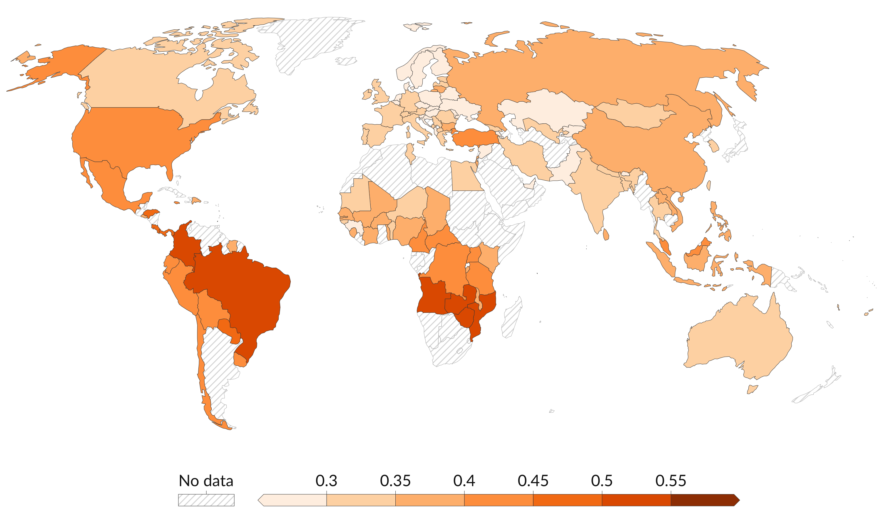 Indice de Gini pour différents pays.  La France est à 0,32,
les États-Unis à 0,41, la Finlande et l Norvège à 0,28, le Brésil,
la Colombie à 0,52... Source : Our World in Data.