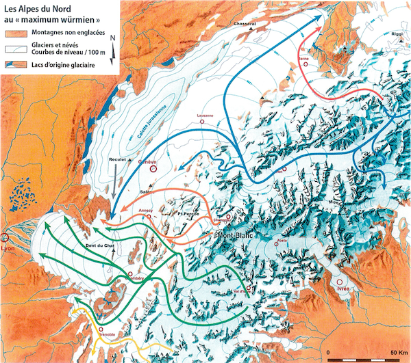 Étendue de la calotte glaciaire qui recouvrait les Alpes au dernier
maximum glaciaire il y a 20 000 ans. Source : .