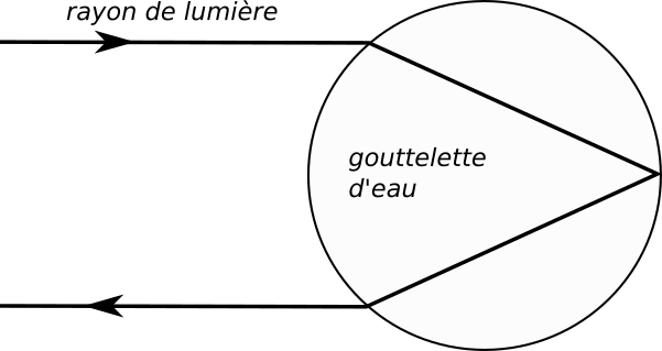Configuration physiquement impossible car les lois de la réfraction dans une goutte d’eau ne permettent pas à la lumière de repartir d’où elle vient. Au mieux elle fera un angle de 14°.