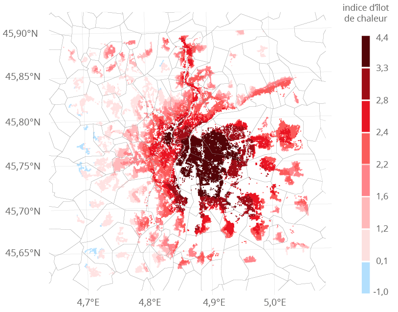 Indice d’îlot de chaleur nocturne, été 2017, à Lyon et sa périphérie.
Source : INSEE.