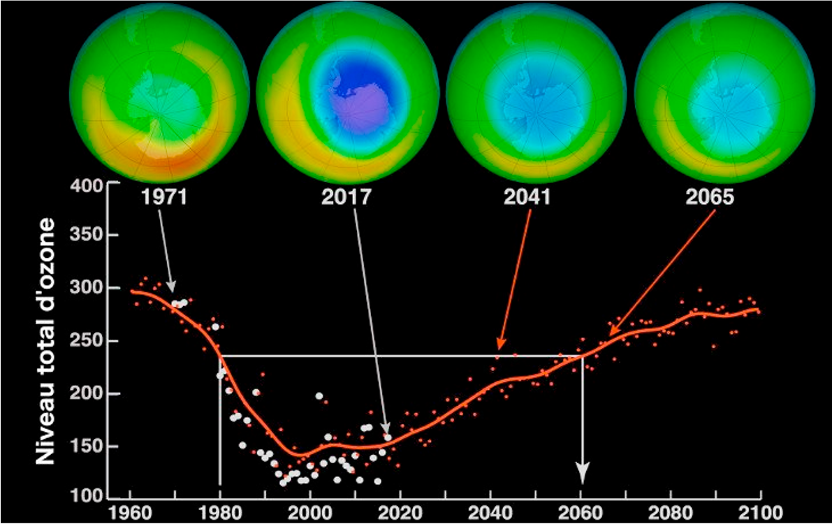 L’évolution prévue dans les décennies à venir du « trou » dans la
couche d’ozone. On constate que comme beaucoup de phénomènes liés à
l’atmosphère ou à la Terre en général, il y a beaucoup d’inertie : 20
ans pour diminuer fortement la concentration en ozone, près d’un
siècle pour résorber le déficit !
Source : Pour la science.