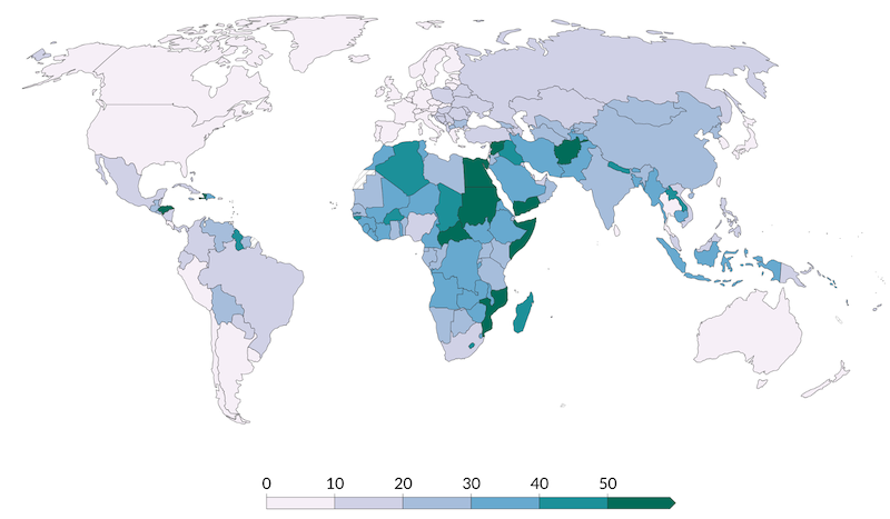 Taux de mortalité dû à l’exposition au plomb, en 2021 (nombre de morts pour 100 000 personnes). Source : Our World in Data.