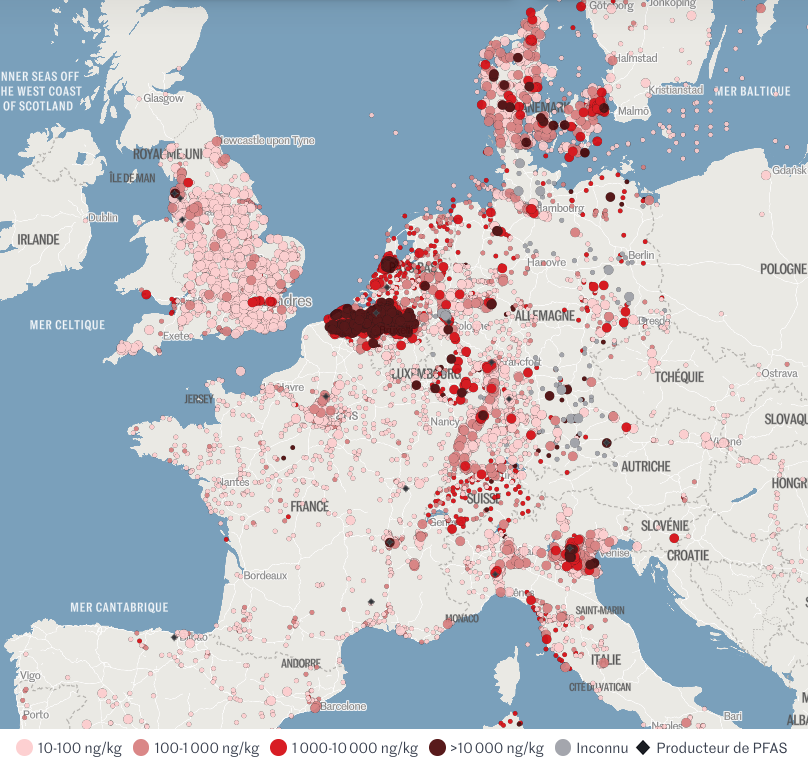 Sites de production et sites où des PFAS ont été détectés par
prélèvement. Les points les plus proches sont assemblés en
clusters. Les cercles englobent tous les prélèvements du
cluster. Source : Le Monde.